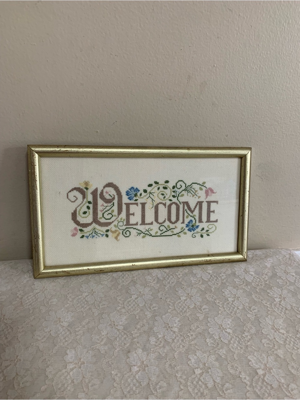 Vintage Framed "Welcome" Cross Stitch Sampler Cottagecore Wall Decor Embroidery